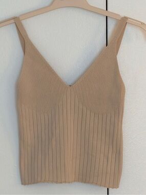 Zara Ribbed Knit V-Neck Cami Tank Top Beige Size M